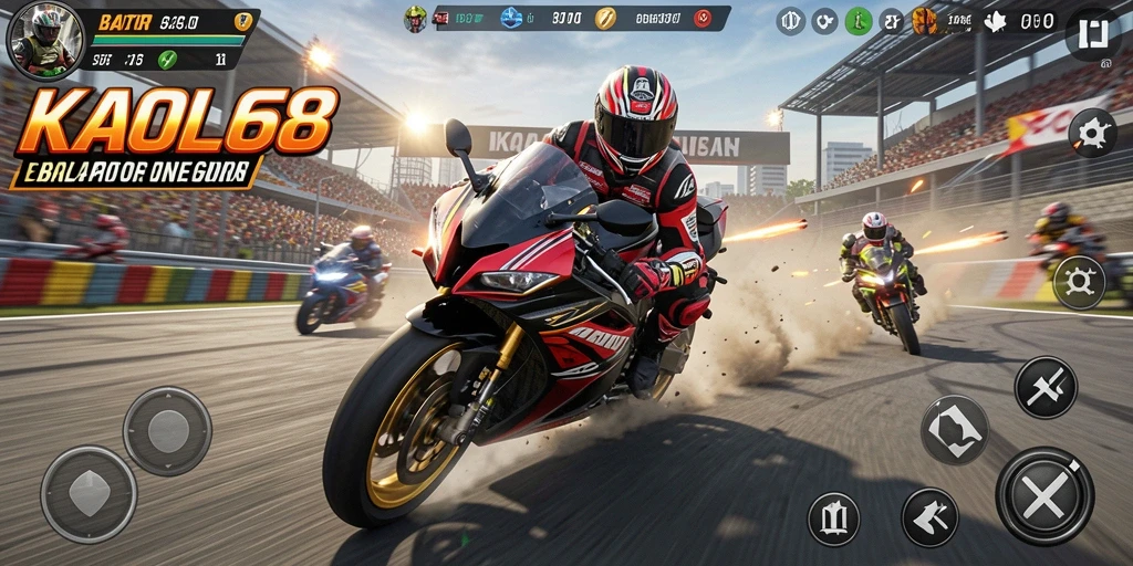 Tangkapan layar gameplay utama KAOL68 yang menunjukkan aksi balapan motor.