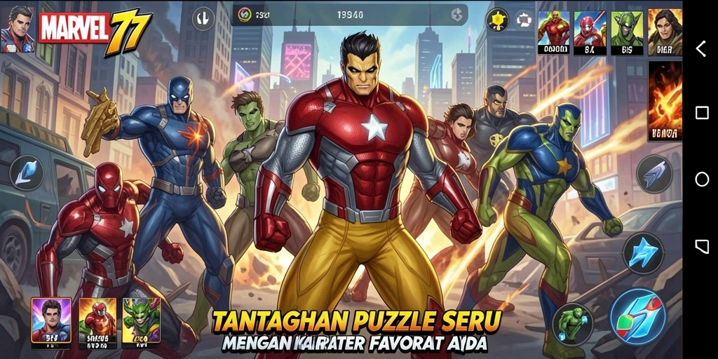Screenshot gameplay MARVEL77 menampilkan tantangan puzzle seru dengan karakter Marvel.