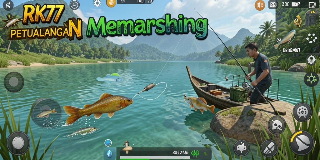 Tampilan gameplay RK77 yang seru dengan aksi memancing yang mendebarkan.
